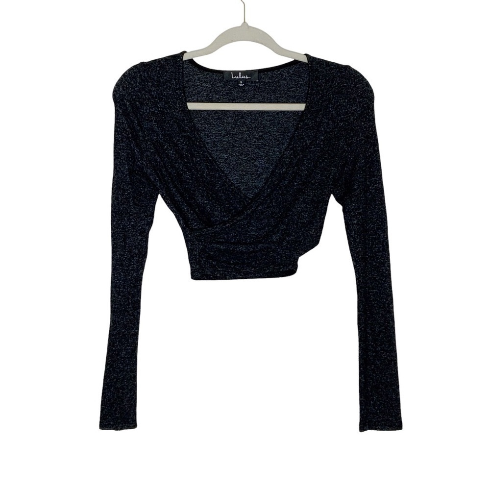 Lulus marled grey cropped top with surplice neckline and gathered side. Size S